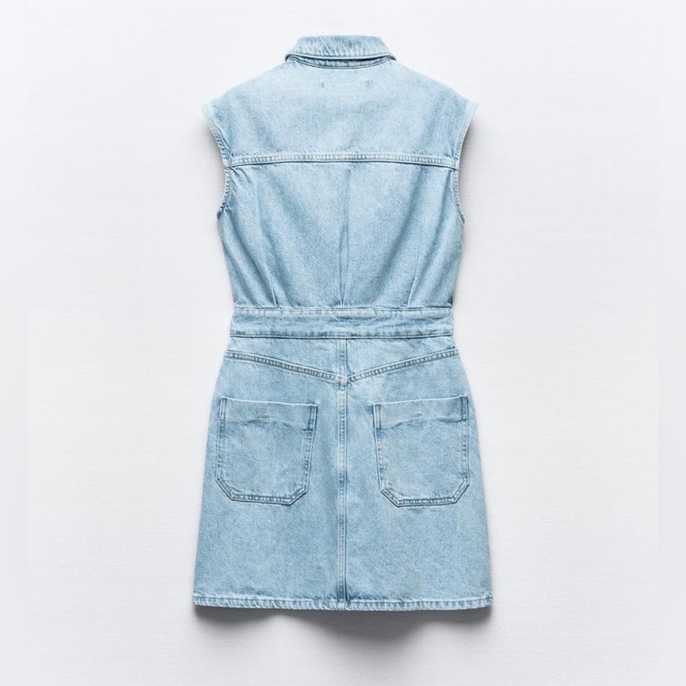 Zara NWT Light Wash Denim Mini Dress Button Front Utility Size L - Picture 2 of 5